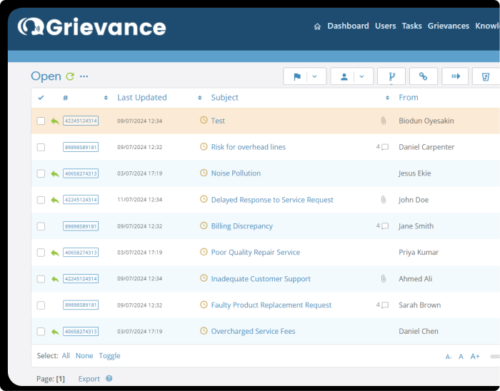 Screenshot of the Grievance platform's integrated dashboard showing open grievances.