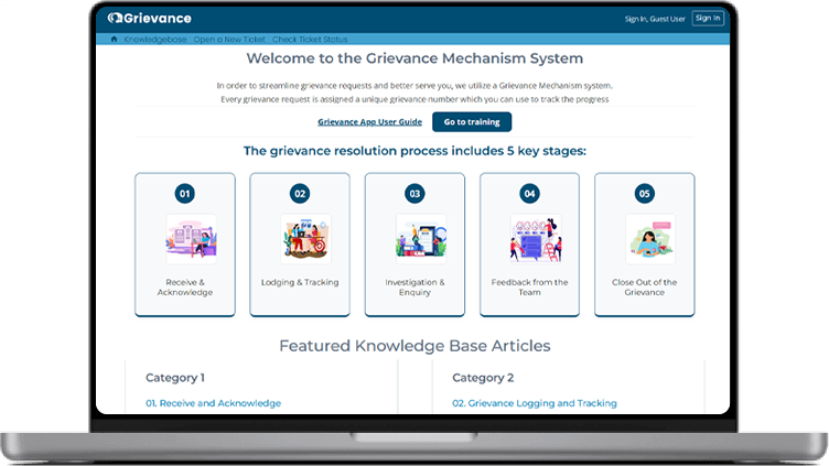 Empower your team with grievance app 2 Screenshot of the Grievance application's getting started page. Forum. privacy policy. Terms and Conditions.