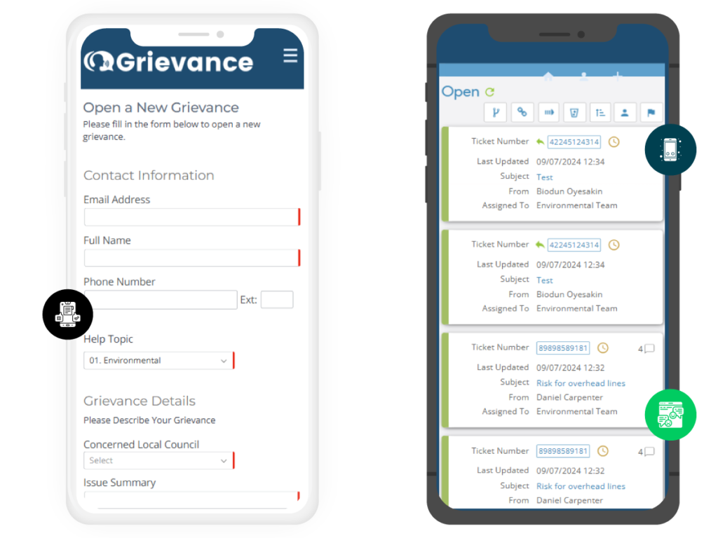 Mobile Friendly Grievance Submission1 Grievance Features: Mobile-friendly grievance submission form and submitted ticket view.