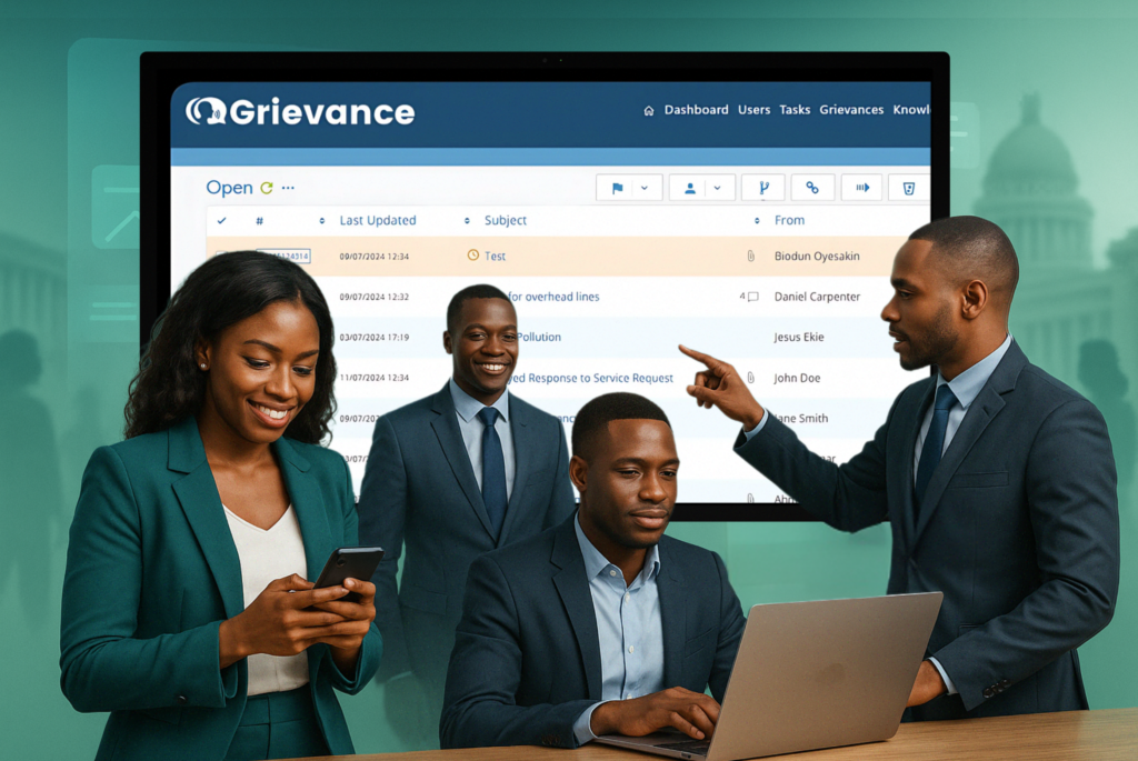 Complaint Management Software for Government and Public Sector grievance.app IPCM Digital complaint management software for government and public sector, showing a diverse team effectively using the grievance.app platform to enhance citizen satisfaction and operational efficiency.