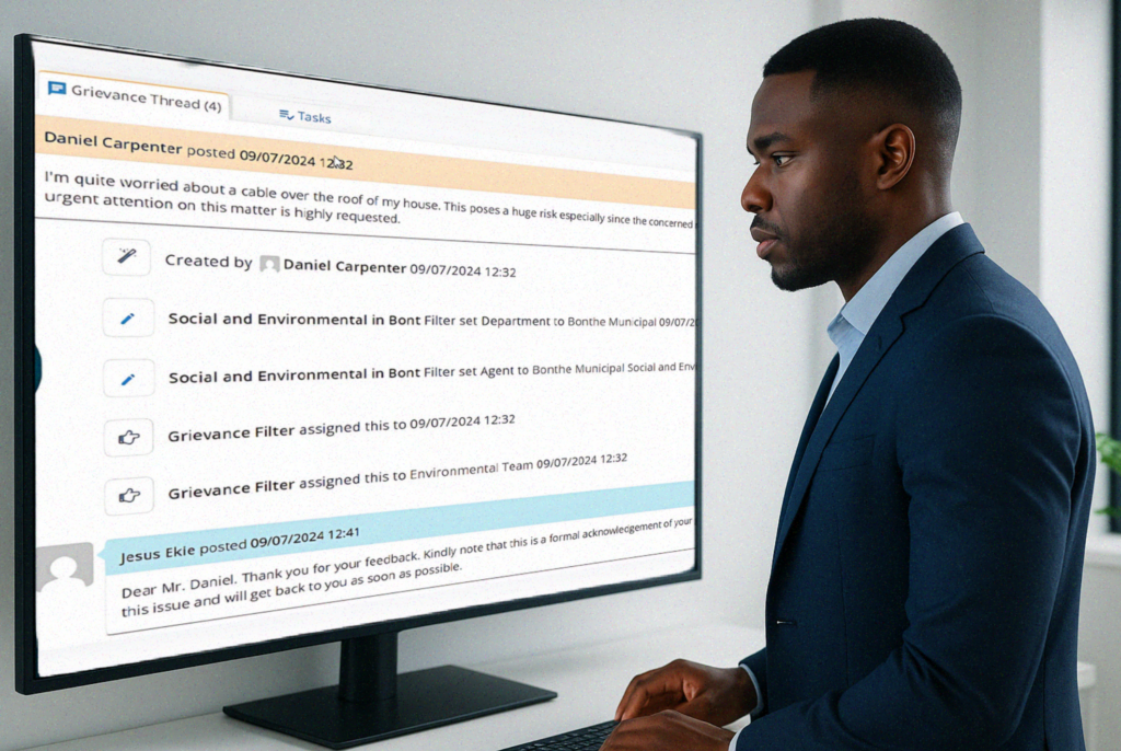 Grievance Tracking Software Dashboard Man using (Grievance App) Grievance Tracking Software dashboard on a computer, demonstrating essential features for 2025.