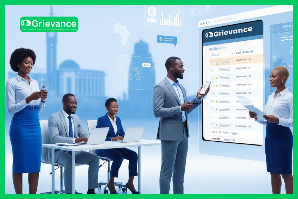 Diverse professionals using Grievance App to improve the handling of public grievances in a digital governance setting.
