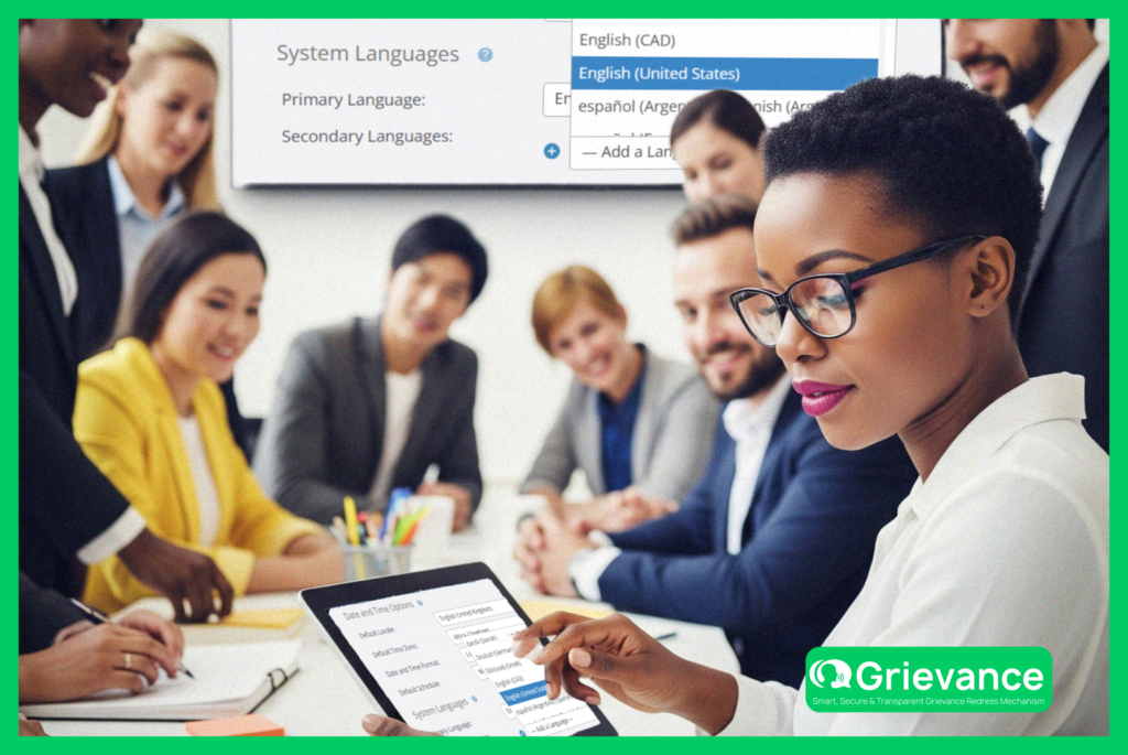 A diverse team of professionals using a tablet to manage multilingual grievance handling processes, with a language selection interface visible in the background.