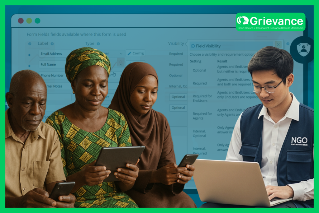 A diverse group engaging with an anonymous complaint system for NGOs using digital devices, ensuring confidentiality and secure grievance reporting.