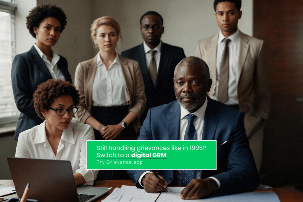 Why Every Organization Needs a Digital Grievance Redress Mechanism GRM in 2025. Switch to a digital. IPTC A diverse team of professionals manually processing stakeholder grievances, highlighting the inefficiency compared to a digital Grievance Redress Mechanism (GRM).