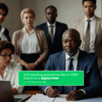 A diverse team of professionals manually processing stakeholder grievances, highlighting the inefficiency compared to a digital Grievance Redress Mechanism (GRM).