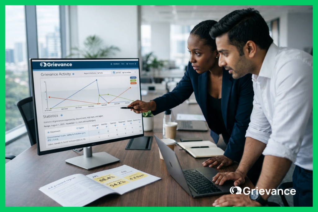 Two professionals reviewing complaint management KPIs on the Grievance App dashboard, analyzing grievance activity charts and resolution statistics on a monitor in a modern office.