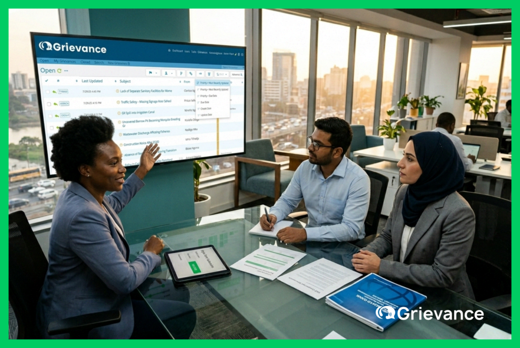 A compliance team reviews open cases on a digital Grievance Redress Mechanism dashboard during a project management meeting in 2026.