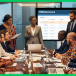 A diverse group of people representing stakeholders discussing feedback and grievances at a table, with a laptop displaying a grievance management system, illustrating the effective handling of stakeholder grievances.