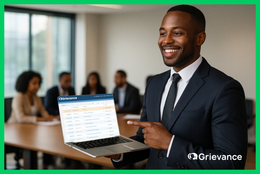 Business professional presenting grievance data analytics dashboard to team during a meeting