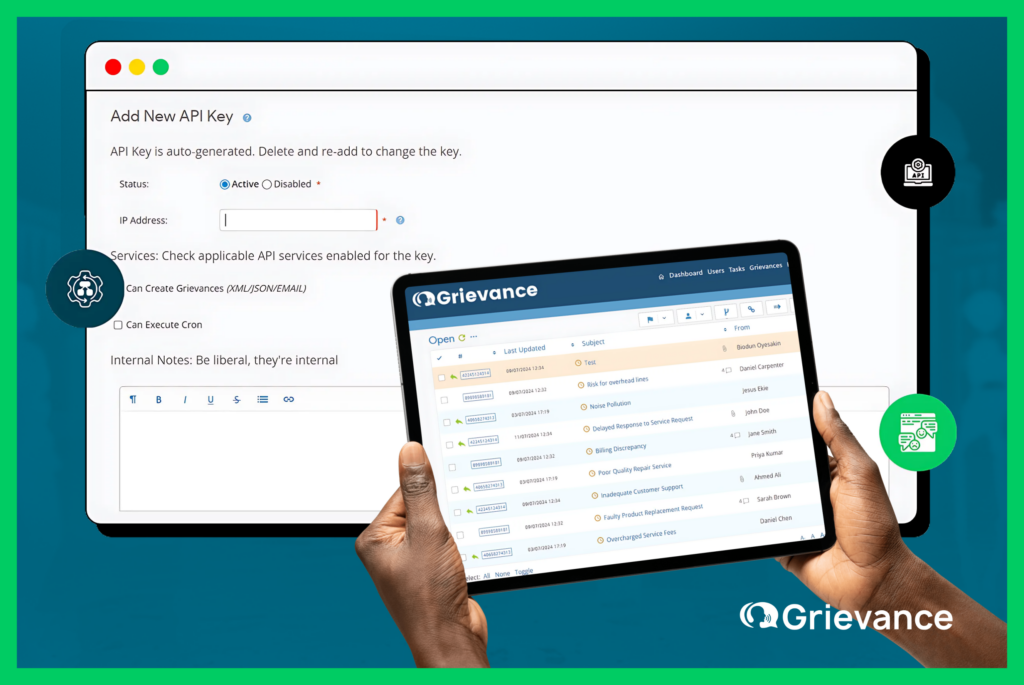 Grievance Management Integration via API and Dashboard Sync Illustration of Grievance Management Integration showing API settings and unified complaint dashboard on Grievance App