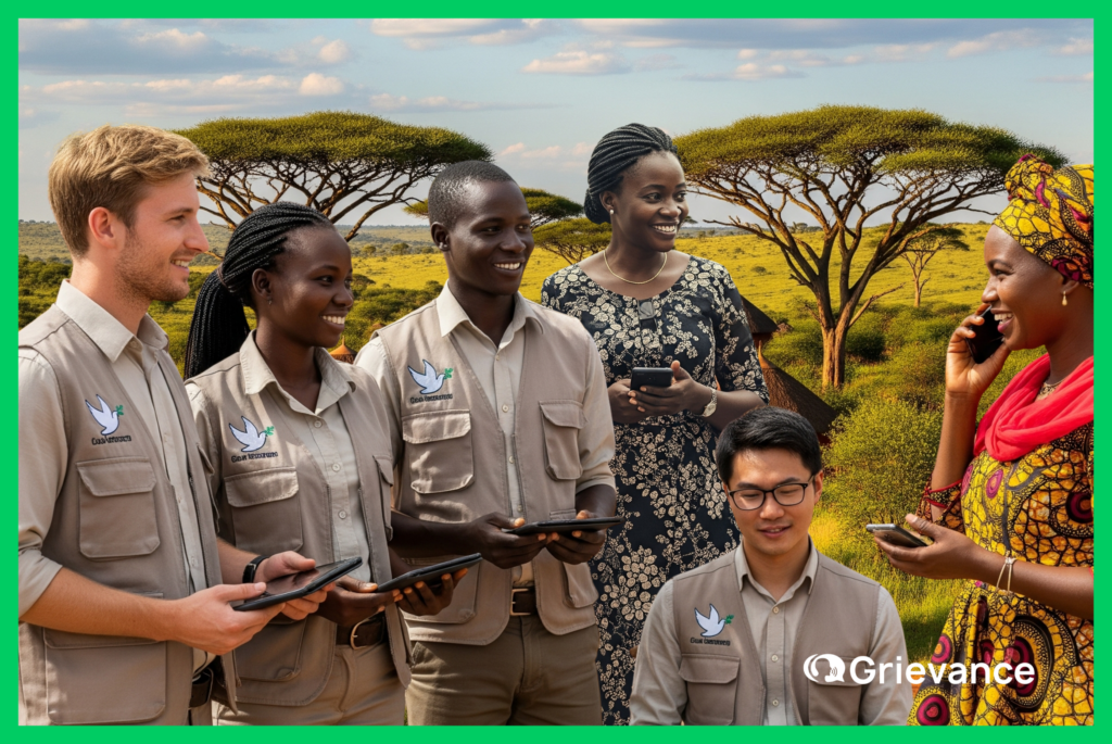 NGO Team Using Grievance App in Africa – Best Grievance Software for NGOs Field officers from an NGO in Africa using tablets and mobile phones to file complaints with Grievance App, best grievance software for NGOs in Africa.