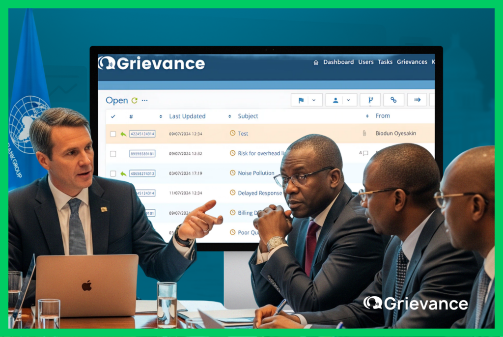 International GRM Standards being reviewed by global compliance officers using Grievance App during a high-level governance meeting