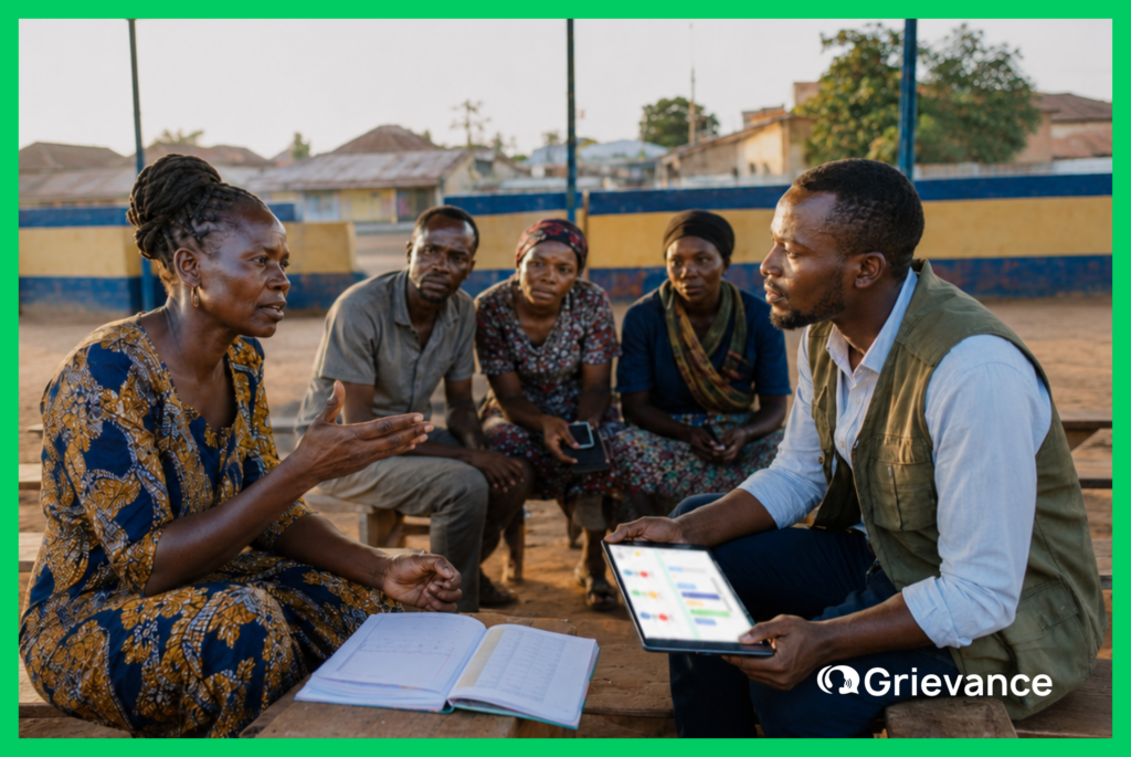 A West African community leader gestures while sharing feedback with a project officer holding a tablet displaying an ESG grievance system dashboard, as other community members observe during an open-air stakeholder engagement meeting at golden hour. Effective Handling of Stakeholder Grievances
