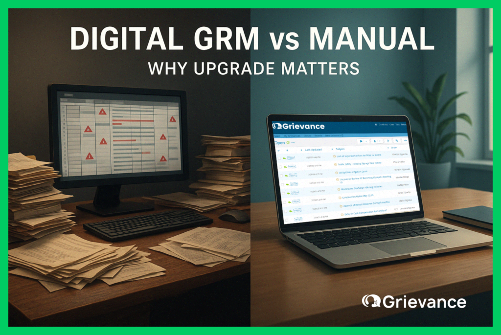 Split-screen comparison of Digital GRM vs Manual spreadsheets, highlighting why organizations should upgrade to Grievance App for efficiency and transparency.