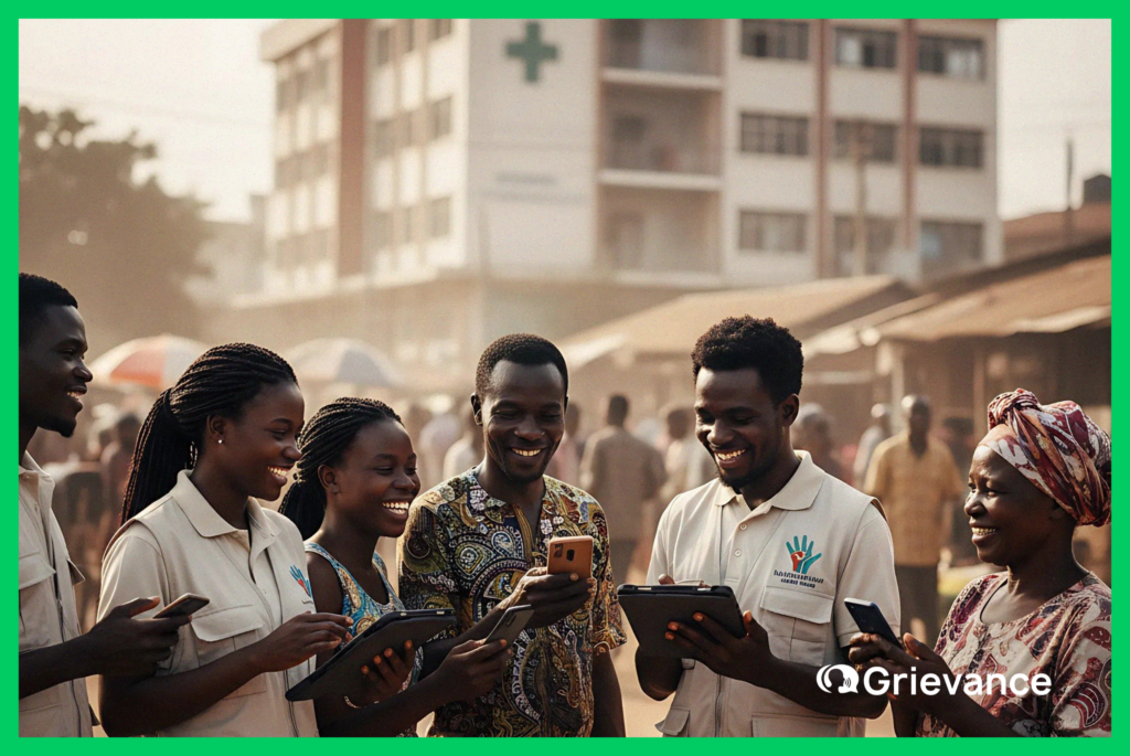 Community members in Africa using mobile and tablet digital grievance platforms (Grievance App) to submit feedback, ensuring GRM Human Rights Compliance and project accountability.