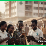 Community members in Africa using mobile and tablet digital grievance platforms (Grievance App) to submit feedback, ensuring GRM Human Rights Compliance and project accountability.
