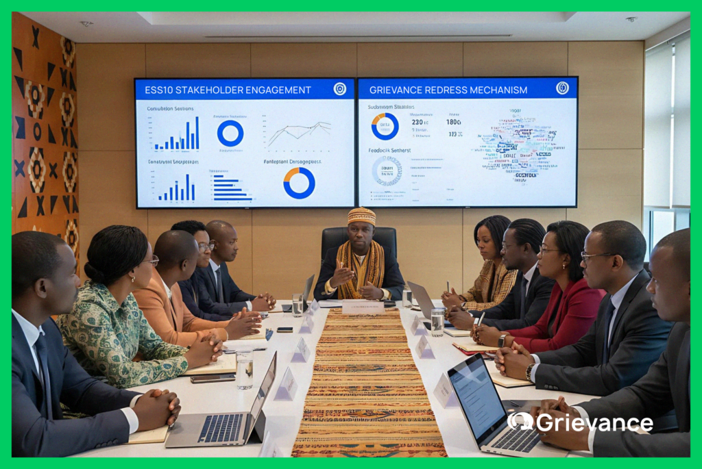 Stakeholder consultation meeting in Africa with digital dashboards showing ESS10 Stakeholder Engagement and Grievance Redress Mechanism data.
