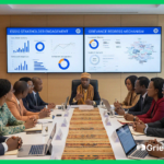 Stakeholder consultation meeting in Africa with digital dashboards showing ESS10 Stakeholder Engagement and Grievance Redress Mechanism data.