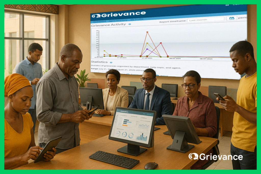 A modern African government office where citizens and officials engage with a centralized Government Public Grievance System, showcasing transparency and trust.