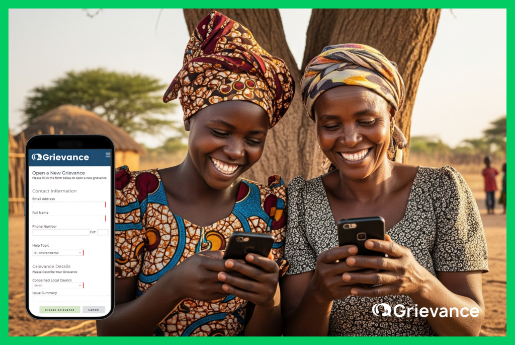 Grievance Mechanism Case Study Africa – Digital GRM Success Two African women using mobile phones with Grievance App to submit complaints in community projects – grievance mechanism case study Africa