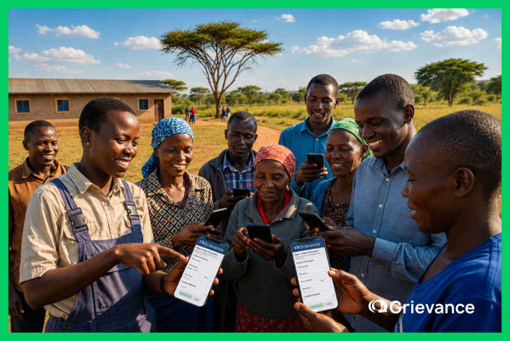 Community members using mobile grievance app to build stakeholder trust GRM through accessible and responsive digital feedback.