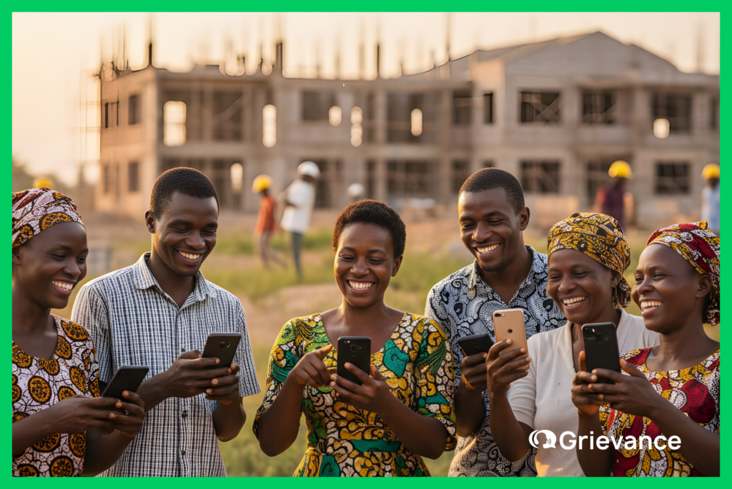 Accessible Grievance Mechanism – Digital Inclusion in Africa A diverse group of smiling African men and women using smartphones in front of a social-impact construction site, symbolizing digital inclusion through an accessible grievance mechanism.