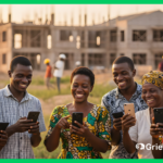 A diverse group of smiling African men and women using smartphones in front of a social-impact construction site, symbolizing digital inclusion through an accessible grievance mechanism.