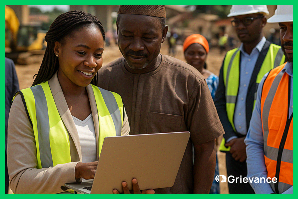 African project team reviewing digital GRM implementation progress A project manager in Africa using a laptop to demonstrate a digital grievance redress mechanism during a site visit, symbolizing GRM implementation urgency and accountability.