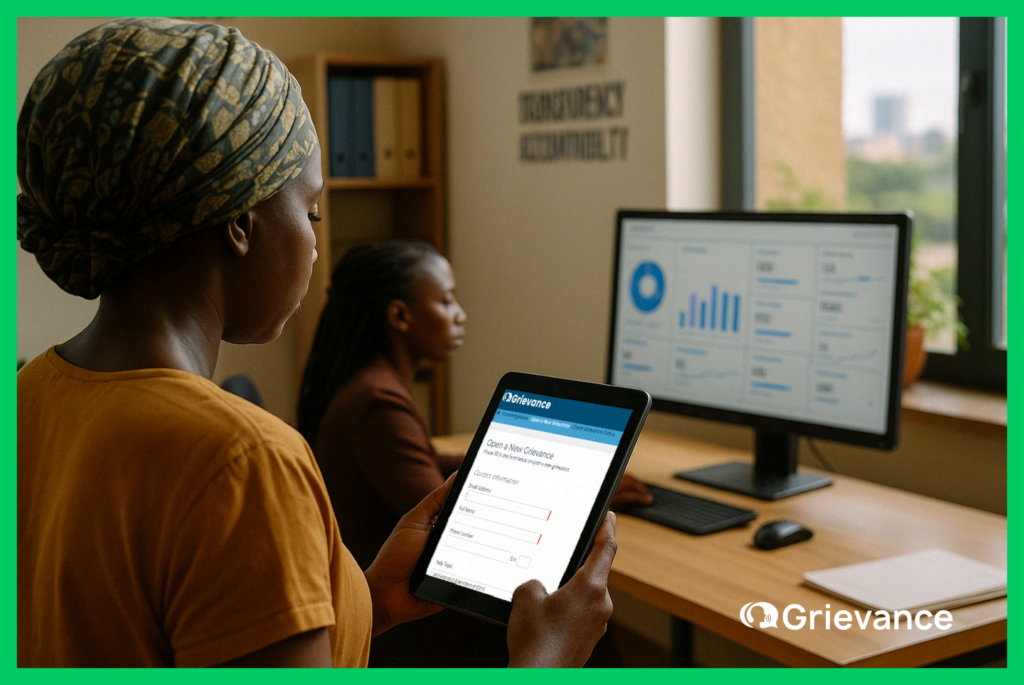 Anonymous Grievance Reporting in Africa – Grievance App A female community member in an African NGO office uses a tablet for anonymous grievance reporting, while a program officer monitors anonymized complaint data on a digital dashboard.