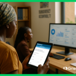 A female community member in an African NGO office uses a tablet for anonymous grievance reporting, while a program officer monitors anonymized complaint data on a digital dashboard.