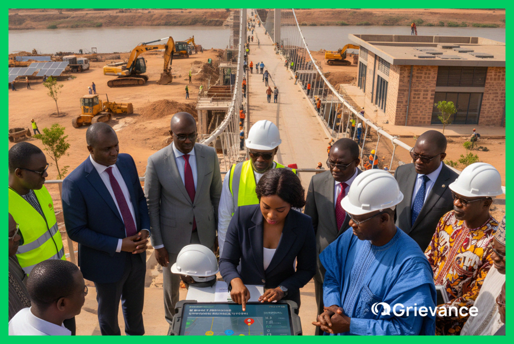 African government and project officials reviewing early warning GRM data during a large infrastructure project, illustrating development project risk mitigation.