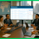 Asian professionals discussing international project GRM data in a modern meeting room, showcasing cross-border collaboration and digital grievance management.