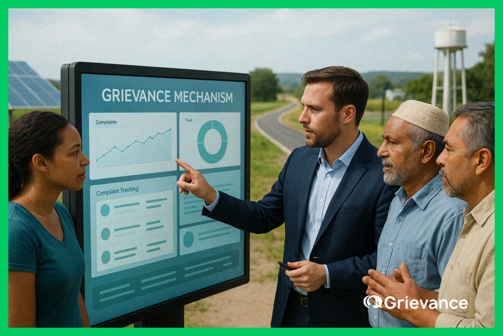 Proactive Grievance Mechanism Strategy Discussion A project manager and community members discuss a proactive grievance mechanism strategy using a digital dashboard showing complaint tracking and trust indicators.