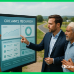 A project manager and community members discuss a proactive grievance mechanism strategy using a digital dashboard showing complaint tracking and trust indicators.