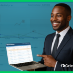 A smiling project manager in a suit presenting a laptop screen with the Grievance App dashboard, highlighting real-time grievance tracking charts and statistics.
