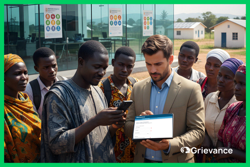 UNGPs GRM Compliance – Digital Grievance Submission with Grievance App A project manager reviews a grievance dashboard on a tablet while a community member submits a complaint via smartphone in a rural African village — showcasing UNGPs GRM Compliance with Grievance App.