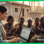 African community using smartphones and a laptop to access a Digital Grievance Redress Mechanism - GRM platform for transparent project feedback.