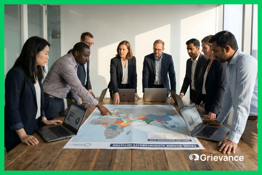 International team coordinating a cross-border project using a Multi-country GRM map and digital tools in a modern office setting.