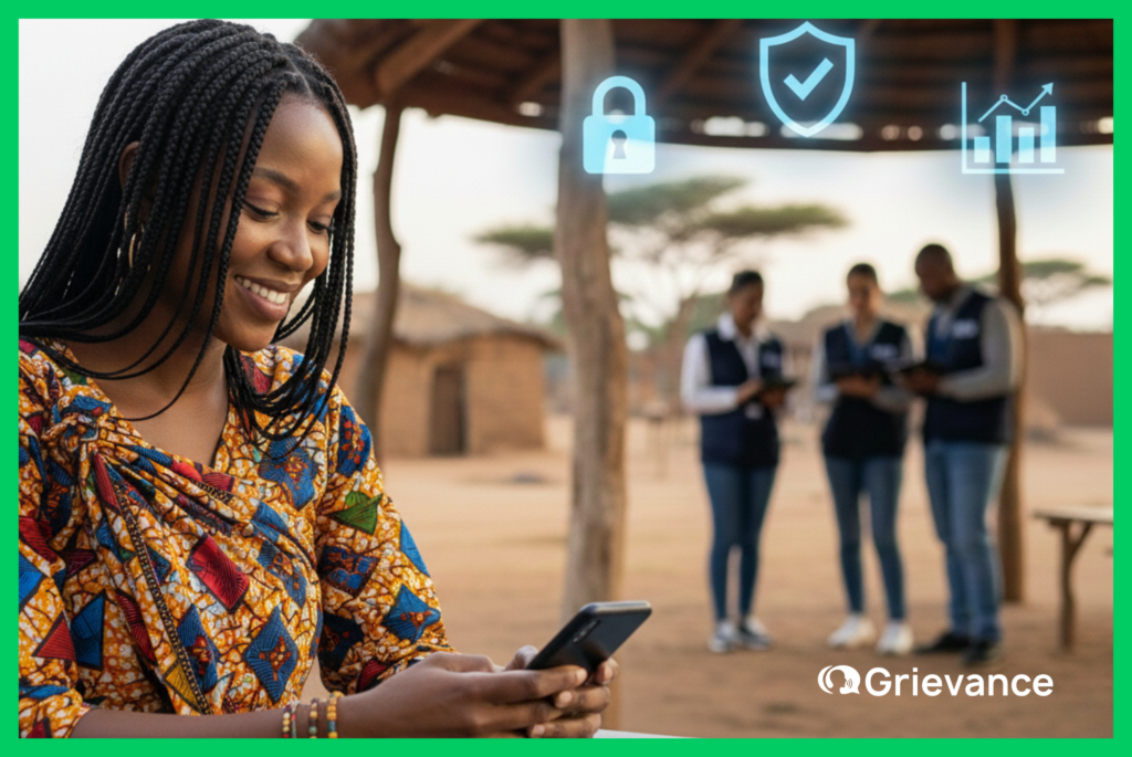 African woman using a secure Digital Grievance System on her phone while NGO agents work in the background, symbolizing data protection and confidentiality.