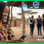 African woman using a secure Digital Grievance System on her phone while NGO agents work in the background, symbolizing data protection and confidentiality.
