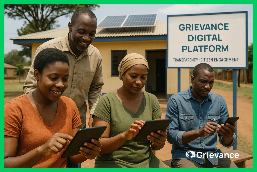 African citizens using Grievance App on tablets as part of a digital complaint tracking system promoting transparency and citizen feedback