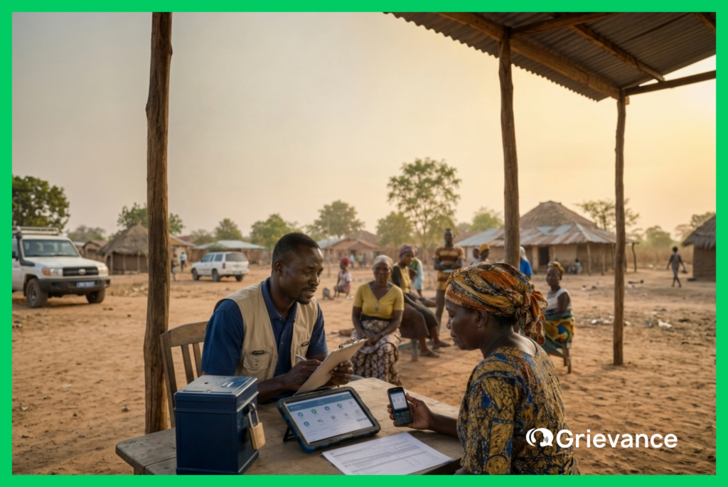 Field officer using Grievance App on tablet to register a community complaint while paper forms sit on the desk beside him