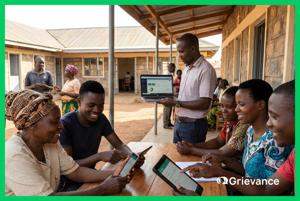 Community members using digital Grievance Redress Mechanisms to submit and track grievances via mobile devices in an African development project