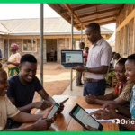 Community members using digital Grievance Redress Mechanisms to submit and track grievances via mobile devices in an African development project