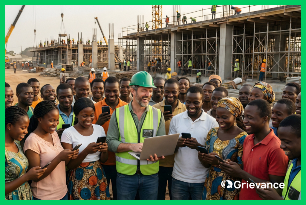 African community engaging with digital tools during the of GRM evolution, alongside a project manager on a public infrastructure site.