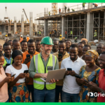 African community engaging with digital tools during the of GRM evolution, alongside a project manager on a public infrastructure site.