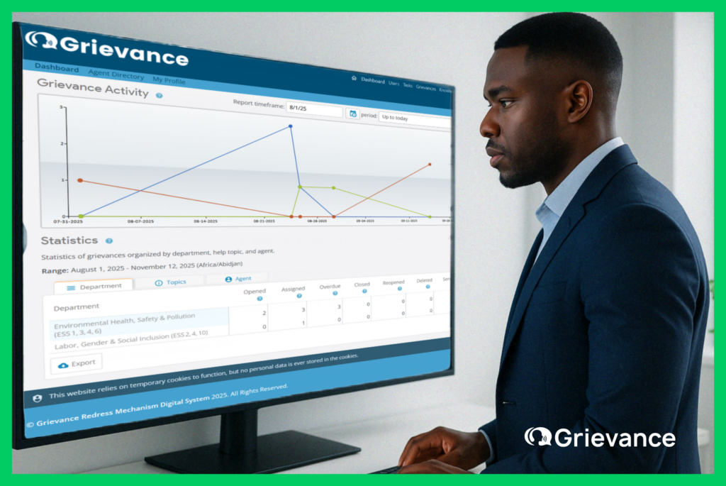 Grievance App Custom GRM Dashboard Project manager reviewing Grievance App dashboard as a Custom GRM Solution for tracking grievance activity in real time.