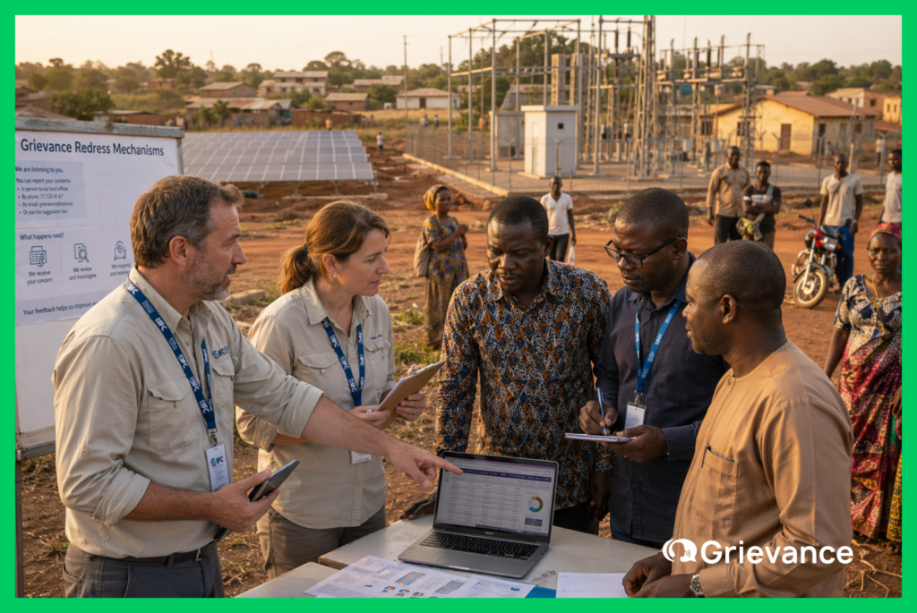 IFC field officers and local authorities discussing grievance redress mechanisms at a solar energy project site in West Africa