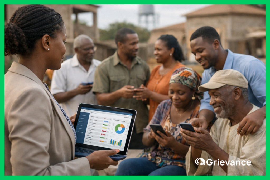 Grievance Redressal conflict resolution in an African community, showing citizens and project officials using a digital grievance platform to prevent disputes and build trust